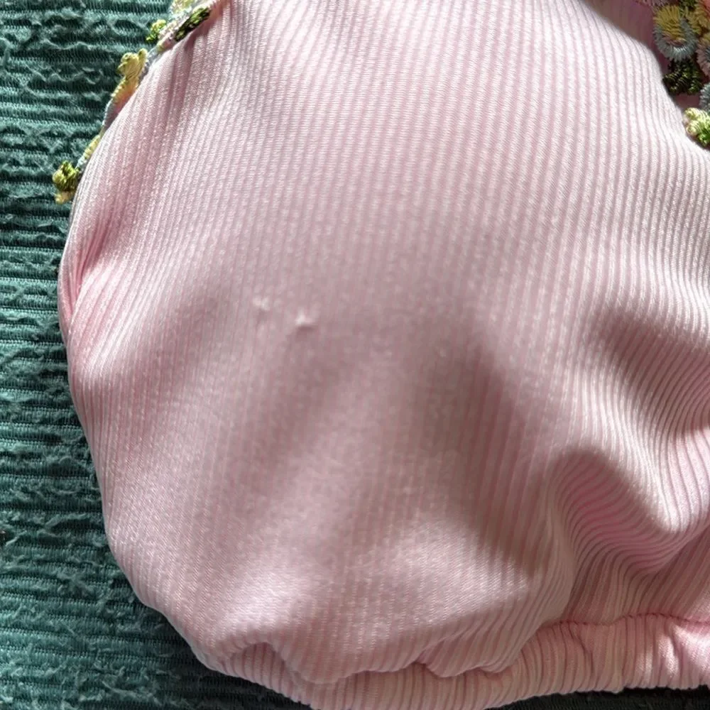 Unknown Brand Pink Ribbed String Bikini With Floral Trim Size L